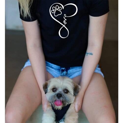 Cute Dog Paw Love Letter Printed Women T-shirts Round Neck Summer Tops Female Funny Aesthetic Graphic Dog Mom Tees Camisetas