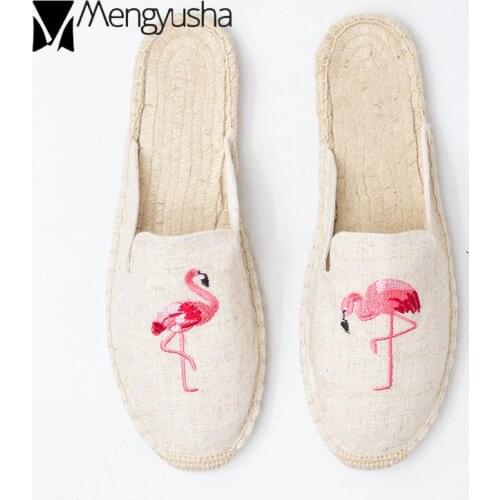 Famous brand flamingo patterns fisherman slippers woman linen embroider babouche mujer straw knitting sandals woman sandalias