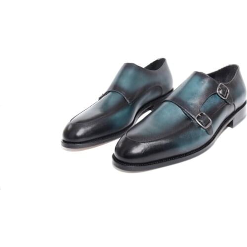 SHENBINS Handmade Double Strap Monks with Green Patina and Premium Leather Soles, Premium Work and Business Shoes