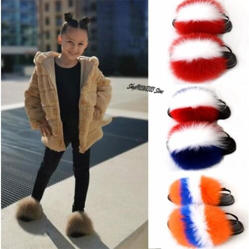 Childrens Fluffy Fox Fur Slides Kids Fashion Cute Home Plush Heel Strap Slippers Baby Furry Sandals Summer Girls Toddler Shoes