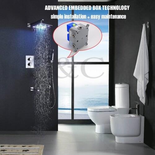 With Embedded Box 10 Inch LED Shower Head, Solid Brass Chrome Thermostatic LED Rainfall Shower Faucet Set 002T-10C-2