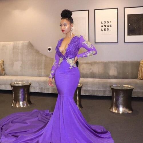 Light Purple Long Sleeve Mermaid Evening Dresses 2021 Sexy Deep V-Neck Lace Appliques Beads Long Party Prom Gown Sweep Train