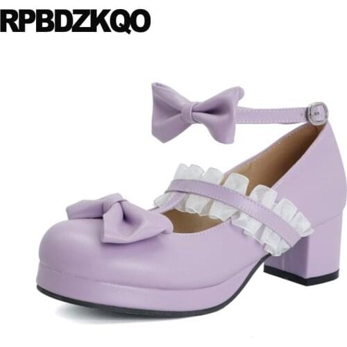 13 45 T Strap Lolita School Lace Bow Chunky Brown Ankle Big Size 12 44 Pumps Lavender High Heels Round Toe Platform Shoes Ladies