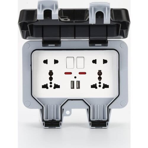 Height IP66 Weatherproof Waterproof Outdoor BOX Wall Socket 13A Double Universal / UK Switched Outlet With USB Charging Port