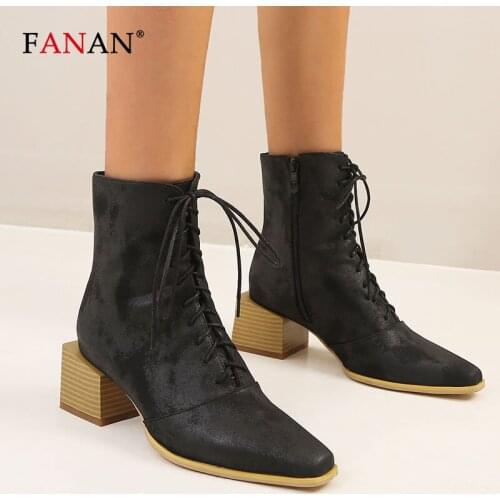 FANAN Lace Up Western Cowboy Boots Women Pointed Toe Chelsea Ankle Boots Cossack Womens Shoes Square Wood Heel Female Shoes