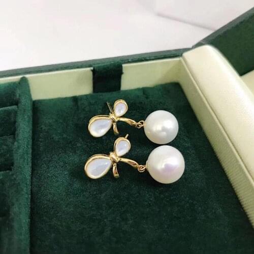 MADALENA SARARA 8-9mm Freshwater Pearl Women Earrings 18K Gold Bow-knot Dangle Style Au750 Earrings