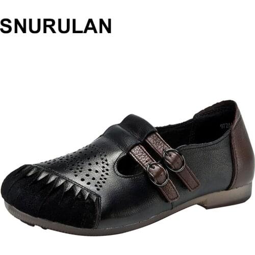 SNURULAN 2020 Autumn Genuine Leather Ladies Shoes Flats Women Flats Handmade Shoes Women Leather Retro Shoes