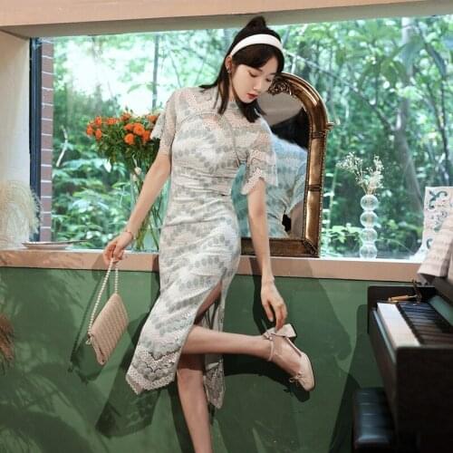 Summer Dress Sexy Cheongsam 2021 New Lace Split Fork Slim Chinese Ladies Hollow Out Dresses Gentle Girls Bodycon Qipao Skirts