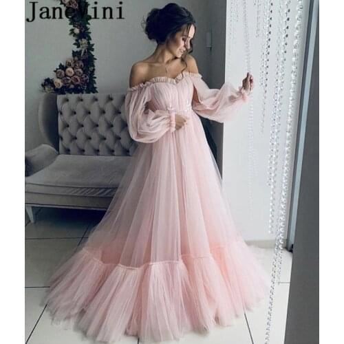 JaneVini 2019 Fashion Pink Plus Size Prom Dresses Off Shoulder Long Sleeves Evening Gowns Sexy Elegant Tulle Women Party Dress