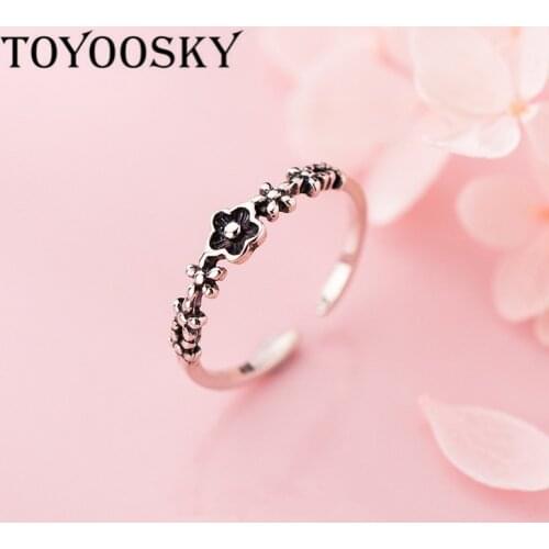 Real 925 Sterling Silver Vintage Rings for Women Flower Shape Adjustable Finger Rings Female Party Jewelry