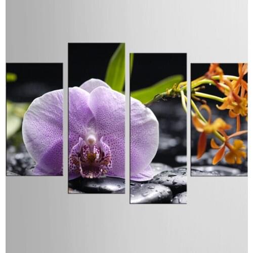 4 panel Purple Orchid Flower Bamboo Stone Art Work Canvas Prints Zen Art Wall Decor Spa Massage Treatment Painting