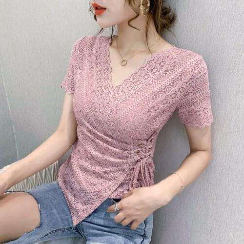 5XL Women lace tops New 2020 Summer short sleeve v-neck lace shirt Elegant slim sexy hollow out t-shirt for women blusas