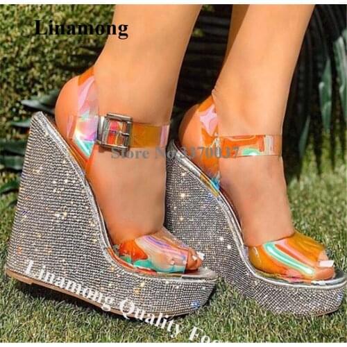 Linamong Bling Bling PVC Patchwork Rhinestone Wedge Sandals Ankle Strap Transpanret Height Increased Wedges Wedding Shoes