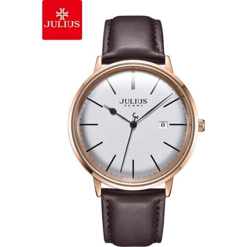 Real Auto Date Mens Watch Japan Quartz Man Hours Fine Fashion Real Leather Stainless Steel Bracelet Boys Gift Julius Box