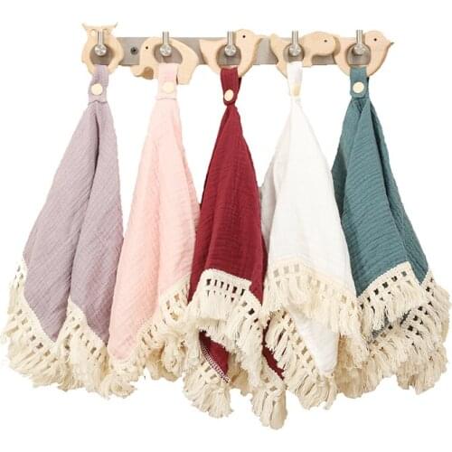 Baby Cotton Saliva Towel Eco-Friendly Baby Bibs Muslin Cotton Blanket with Fringe Animal Shape Wooden Teether Infant Burp Cloths