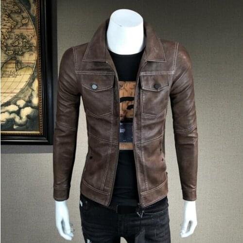 Retro mens leather jacket slim motorcycle coat men jackets lapel clothes autumn jaqueta de couro stage street fashion