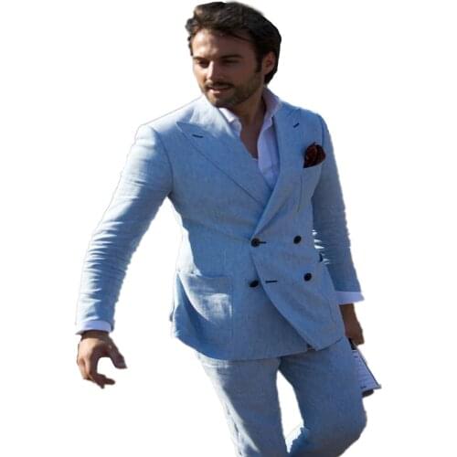 Linen Groom Tuxedos Custom Made Man Suit Double Breasted Summer Suits Blue Beach Suits Linen Blazers As Groomsman Suit