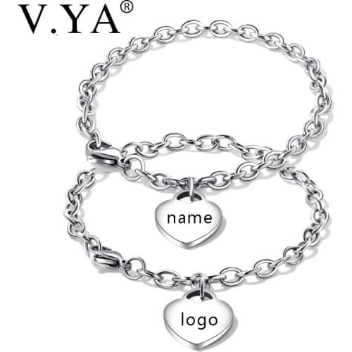 V.YA Fashion Heart Couple Bracelets for Women Men DIY Engraved Name Stainless Steel Chain Link Bracelets Jewelry Dropship