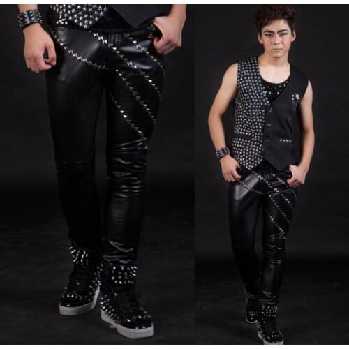 Stage personality men rivets leather pants pu harem pant men feet trousers singer dance rock fashion european novelty black