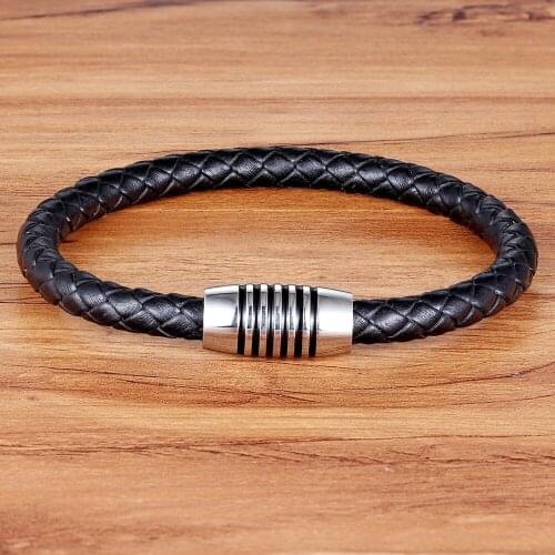 TYO New Fashion Design Stripe Pattern Black Color Genuine Leather Bracelet Men Jewelry Snake Chain For Men Women Charm Bangle