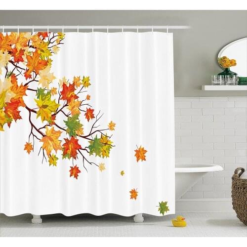 Fall Decorations Shower Curtains Fall Image with Canadian Maple Leaves Botanical Warm to Cold Effects Bathroom Curtain Bath Mat