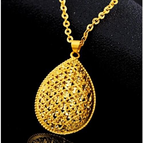 Charms Water Drop-Shaped Pendant Necklace Yellow Gold Filled Shiny Hollow Womens Pendant with O-chain