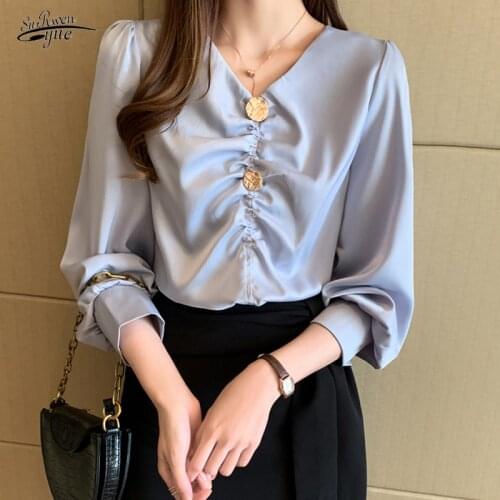 Office Lady Style Womens Shirts Long Sleeve Autumn Women Korean All-match V Neck New Solid Plus Size Womans Blouses 10491