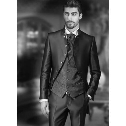 Latest Design Six Buttons Black Groom Tuxedos Stand Collar Groomsmen Mens Wedding Prom Suits (Jacket+Pants+Vest+Tie) NO:200