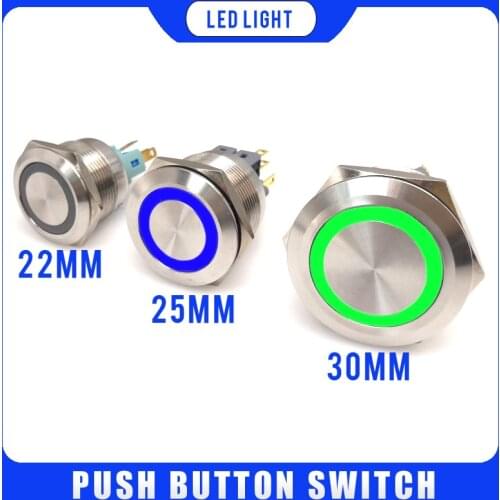 22mm 25mm 30mm Waterproof Latching Momentary Stainless Steel LED Light Horn Power Push Button Switch Car Auto Engine Start PC