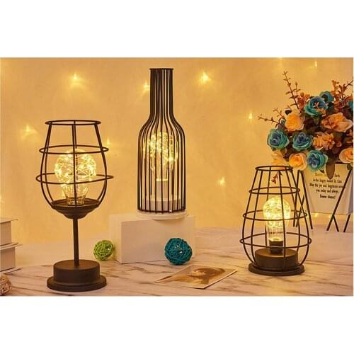 LED Retro Bulb Iron Table Winebottle Copper Wire Night Light Creative Hotel Home Decoration Desk Lamp Night Lamp Battery Powered