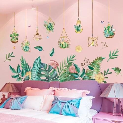 Green Potted 3D Wall Stickers DIY Tropical Leaves Wall Decals for Living Room Bedroom Kitchen Home Decoration