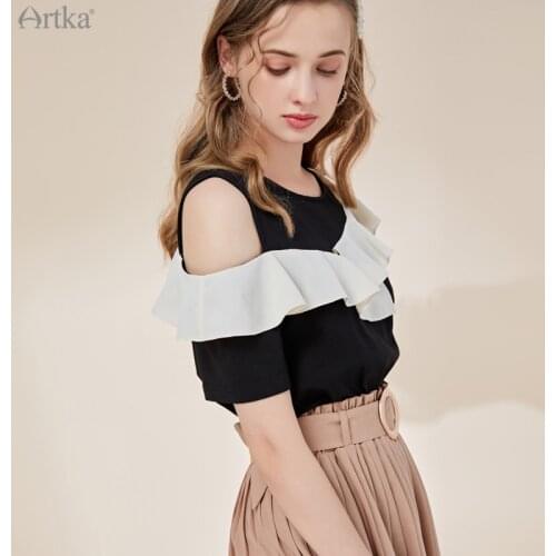 ARTKA 2021 Summer New Women T-shirt 100% Cotton Elegant Ruffle Strapless T-shirts O-Neck Short Sleeve Black T-shirts TA22217X