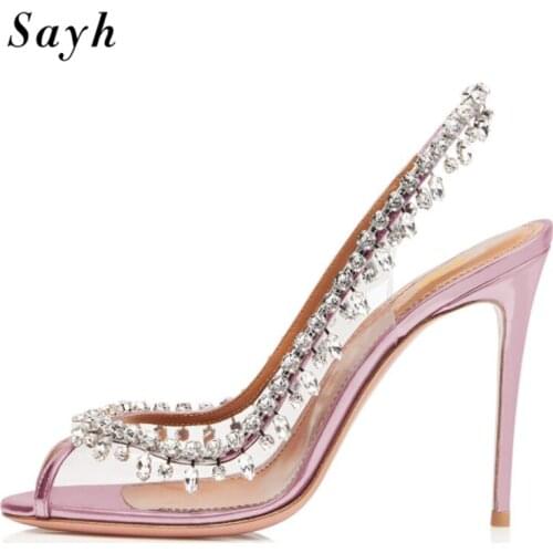 Women Shiny Crystal Pumps Transparent Stilettos Peep Toe Female Shoes Sandals Party Wedding Bridal Shoes