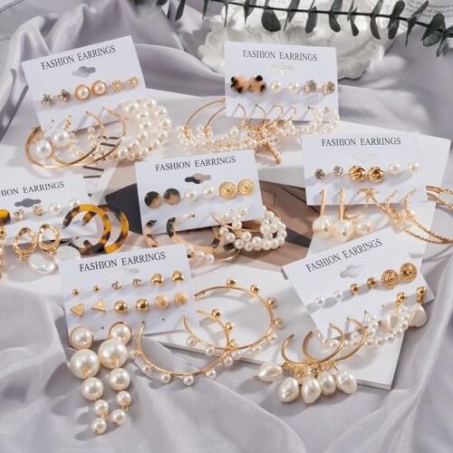 Women Earrings Pearl Hoop Earrings Set For Women Geometric Golden Pendant Earrings Acrylic Set of Earrings 2021 Trendy Jewelry