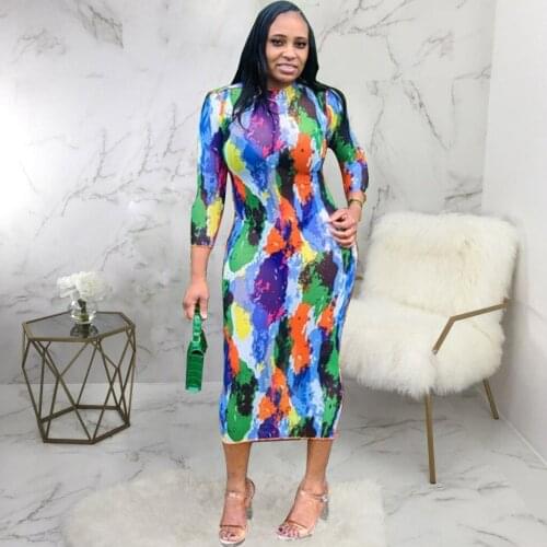 Sheer Mesh Elastic Hight Tie Dye Print Wrap Dress Woman O-neck Long Sleeve Package Hip Dress Hip Hop Female Body-shaping Dress