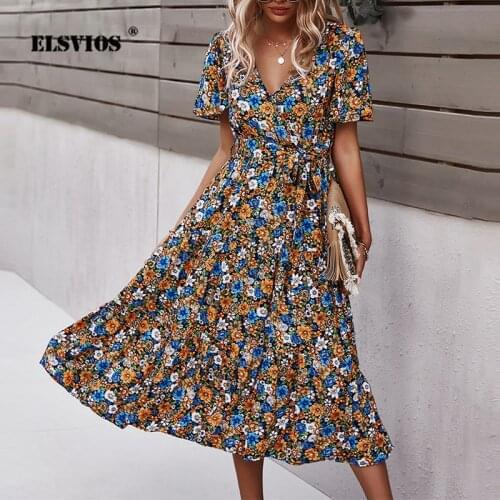 Floral Boho Chiffon Midi Dress Summer Women Print V-Neck Short Sleeve Slim A-Line Dresses Elegant Ladies Beach Vacation Vestidos