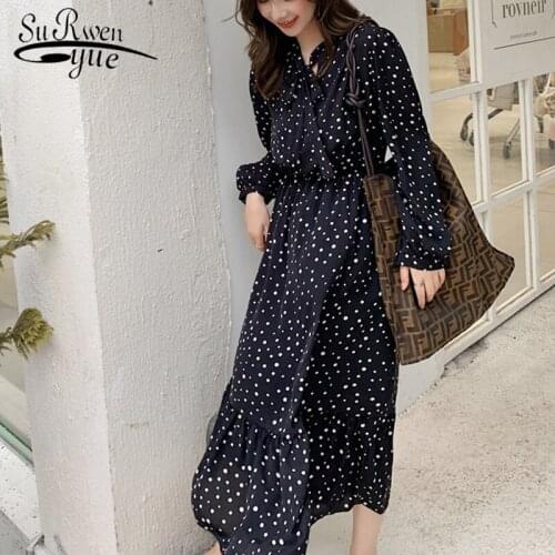 Robe Femme 2021 Spring New Long Sleeve Polka Dot Chiffon Dress Sweet Printed A- Line Pleated Dress Maxi Dress Base Dress 8703 50