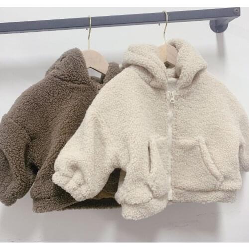 Winter New Kids Jackets Korean Solid Childrens Thick Lambswool Coats Plus Velvet Hooded Zipper Warm Jacket for Girls Boys 2-7 Y