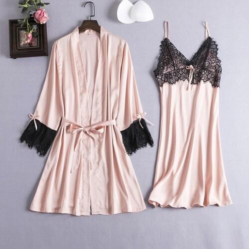 2PCS Sexy Nightgown Robe Gown Lady Sleep Suit Sleepwear Pajamas Set Women V-Neck Pijama Wear Home Nighties Clothes