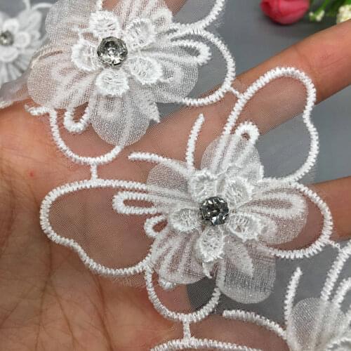 20pcs Rhinestones Butterfly 3D Flower Lace Trim Embroidered Lace Ribbon Fabric Sewing Craft For Costume Clothes Decoration 7x4cm
