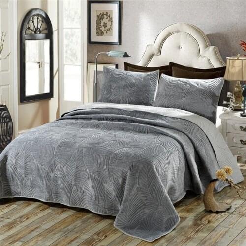 Plush Cotton Quilt Set 3PCS Palm Leaves Embroidery Quilted Bedspread Bed cover sheets Pillowcase Coverlet Set King Size
