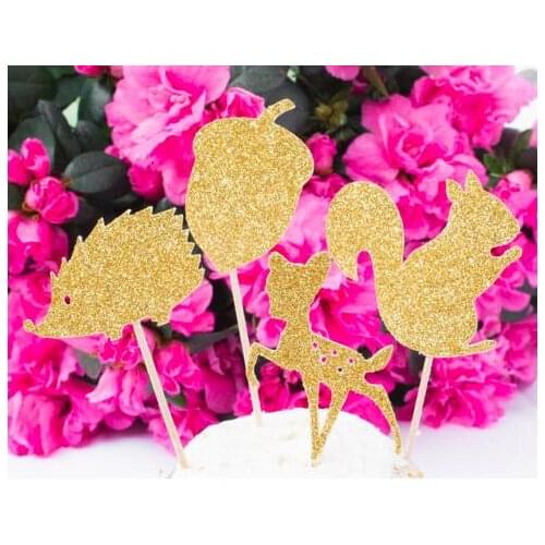 Glitter gold Squirrel Forest Animals Birthday Cupcake Toppers wedding baptism Gender Reveal Party Decor food treats toothpicks
