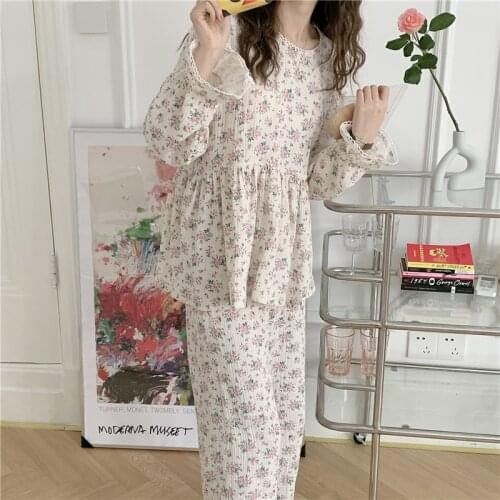 Floral print double layer gauze pajama set autumn winter 100% cotton sleepwear home clothes ruffles trousers loungewear L467