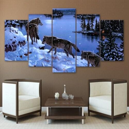 Winter Night Snow Forest Canvas Painting Wolf Pack Wild Animals Wall Picture for Living Room Decoration Posters and Prints River