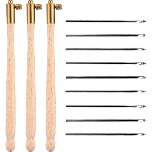 3 Pieces Tambour Hook with 9 Needles, Wooden Handle Embroidery Crochet Hooks, French Crochet Sequin Beading Crochet Tool