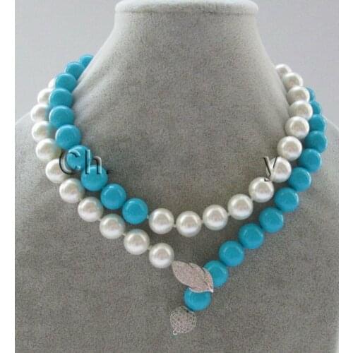 Beautiful Fine jewelry stunning 12mm white + blue perfect round south sea shell pearl necklace-925 free shipping
