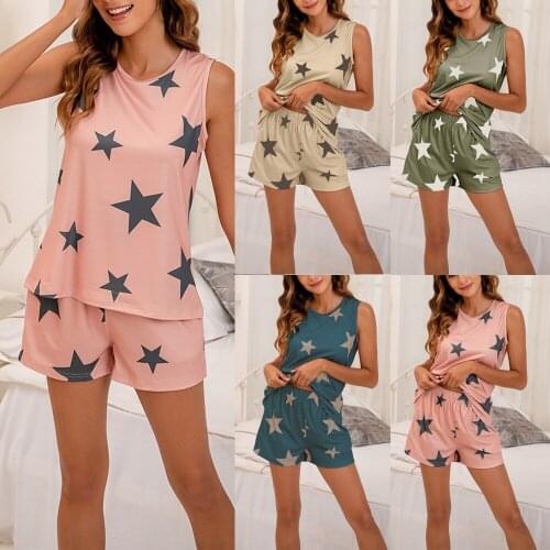 Summer Women Loose Pijama Sets Star Printed Sleepwear Girls Female Two Pieces Home Clothes Sleeveless Tops and shorts Loungewear