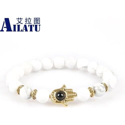 Ailatu Fshionable Jewelry 8mm White Howlite Stone Beads with Fatima Hand Hamsa Charm Bracelet
