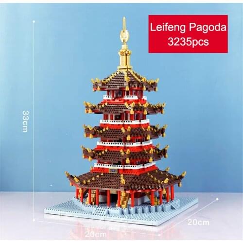Lezi LZ8023 World Famous Architecture Model Set Leifeng Tower Micro Mini Blocks Colored Bronze Pagoda China Building Block Toys