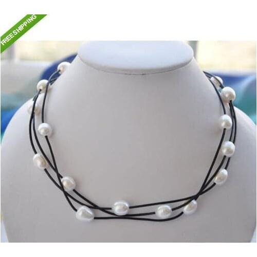 Unique Pearls jewellery Store 3 rows 18 inches 14mm White Color Rice Genuine Freshwater Pearl Real Black Leather Necklace